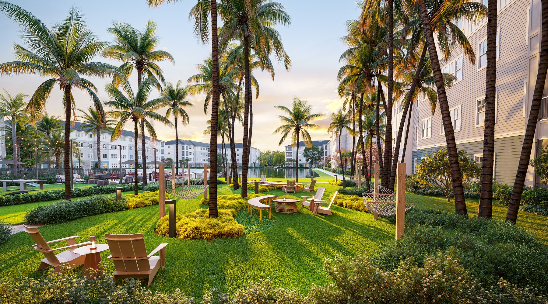 hammock garden adirondack chairs palm trees sunset turf