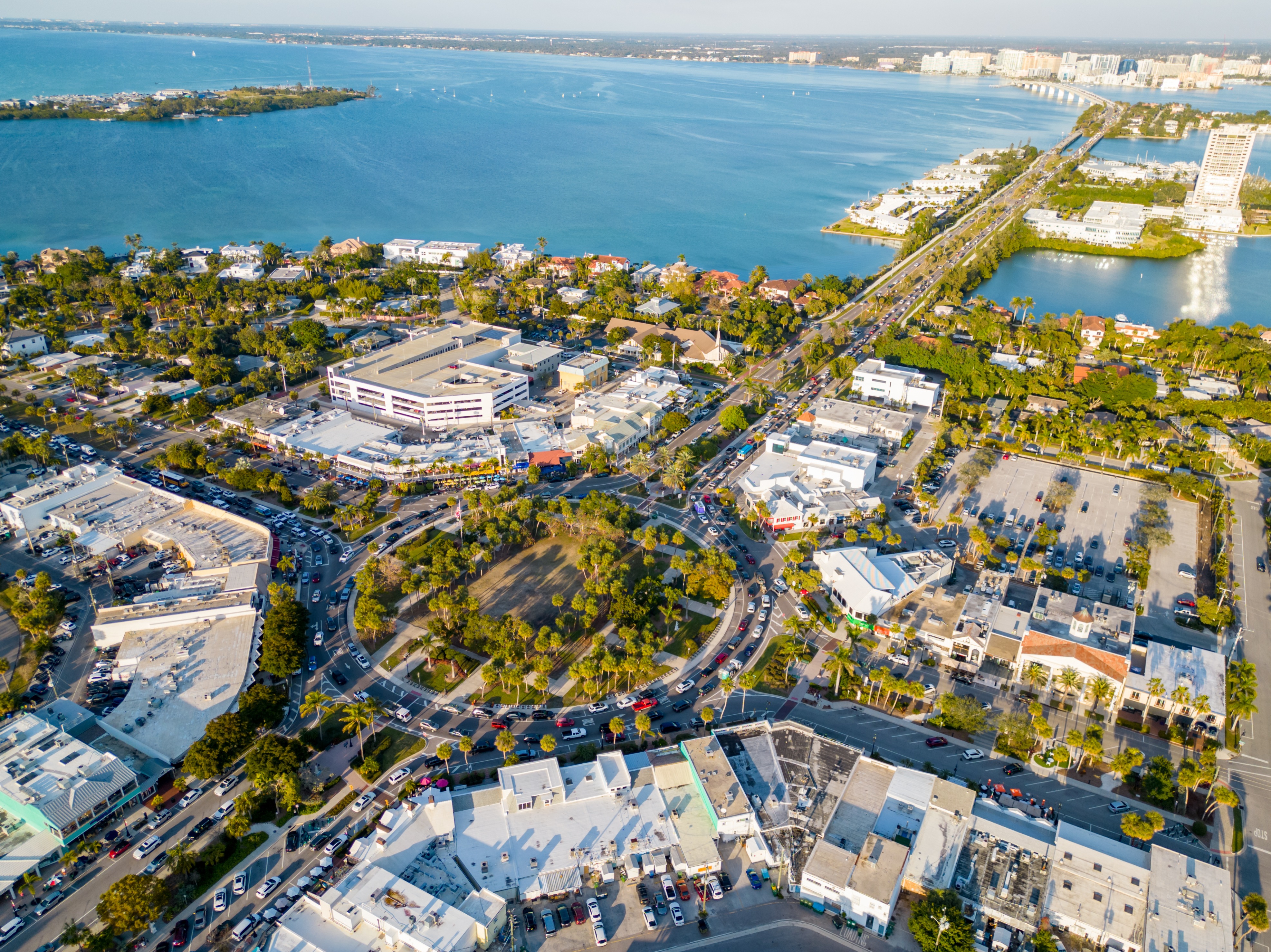 St armands circle sarasota fl water view palm trees aerial view