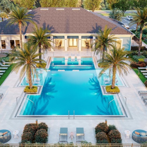 a pool surrounded by palm trees