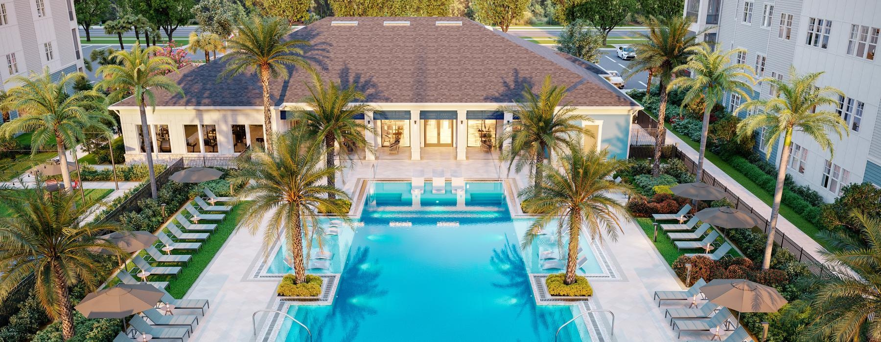 a pool surrounded by palm trees