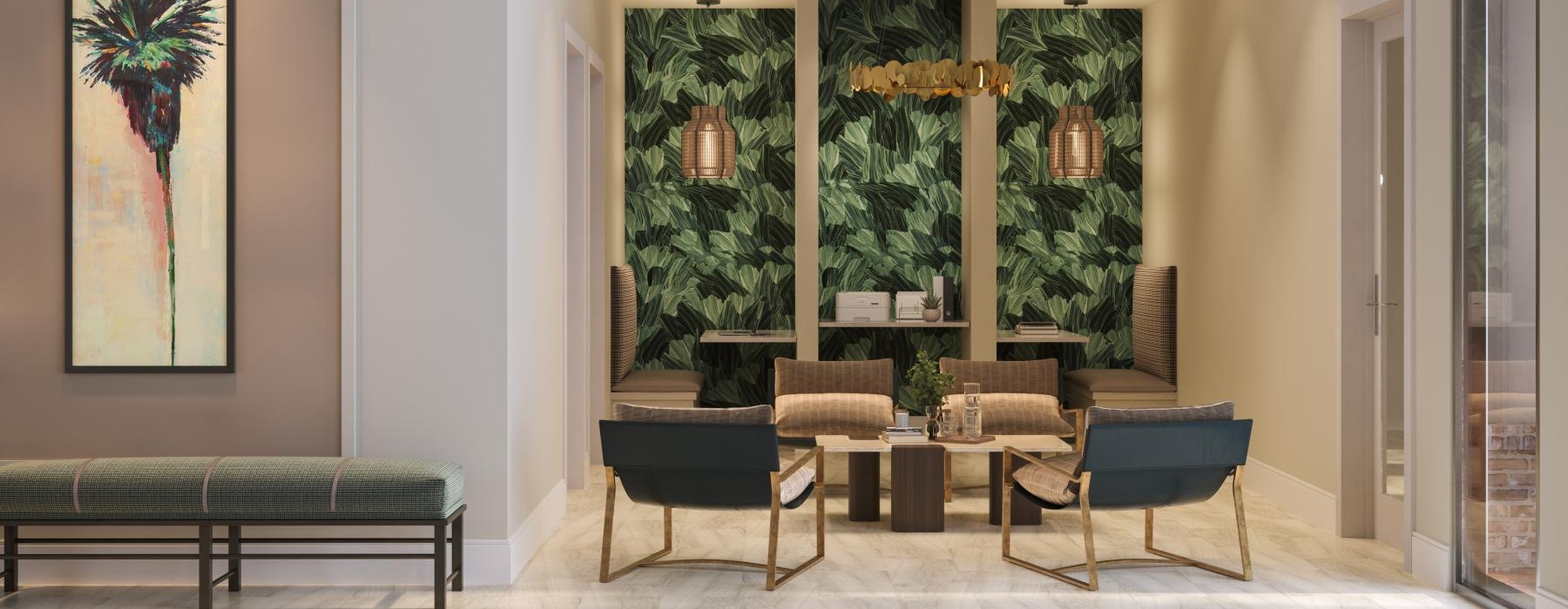 a room with a chandelier and chairs